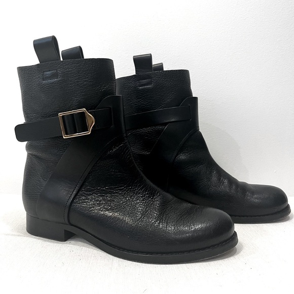 Chloe Shoes - Chloe Black Leather Gold Buckle Ankle Moto Combat Flat Fur Pull On Boots 7 EU 37